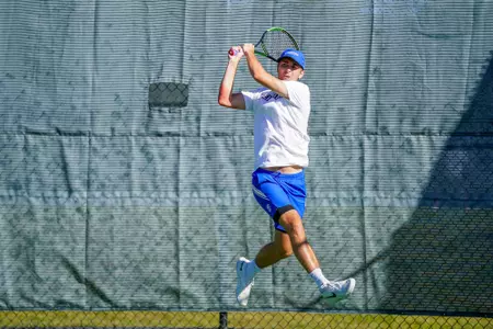 In day two of the Bluejay Invitational Men's Tennis matches between the Creighton Bluejays, Drake, North Dakota and University of Nebraska-Omaha played on September 25, 2021, at the Koch Family Tennis Center in Omaha, Nebraska. The Bluejays wrapped up play with a number of doubles and singles victories. (Catherine Grosdidier/ Creighton Athletics)