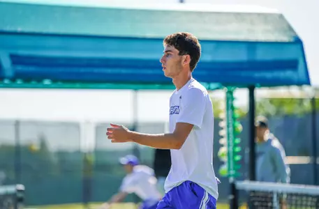 In day two of the Bluejay Invitational Men's Tennis matches between the Creighton Bluejays, Drake, North Dakota and University of Nebraska-Omaha played on September 25, 2021, at the Koch Family Tennis Center in Omaha, Nebraska. The Bluejays wrapped up play with a number of doubles and singles victories. (Catherine Grosdidier/ Creighton Athletics)
