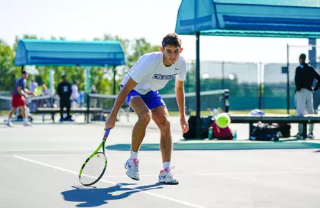 In day two of the Bluejay Invitational Men's Tennis matches between the Creighton Bluejays, Drake, North Dakota and University of Nebraska-Omaha played on September 25, 2021, at the Koch Family Tennis Center in Omaha, Nebraska. The Bluejays wrapped up play with a number of doubles and singles victories. (Catherine Grosdidier/ Creighton Athletics)