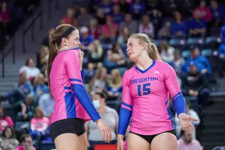 In the Volleyball game between the Creighton Bluejays and the Georgetown Hoyas played on (Friday, October 23, 2021) at the Wayne & Eileen Ryan Athletic Center and D.J. Sokol Arena in Omaha, Nebraska. The Bluejays beat the Hoyas (3-0). (Catherine Grosdidier / Creighton Athletics)