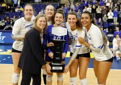 2021 BIG EAST Volleyball Tournament trophy with Val Ackerman