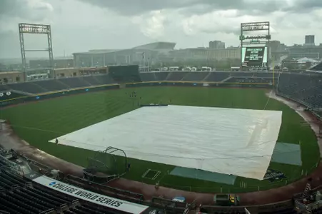 Jun 29, 2021; Omaha, Nebraska, USA; A late rain shower caused a delay in the start of the game between the Vanderbilt Commodores and the Mississippi St. Bulldogs at TD Ameritrade Park. Mandatory Credit: Steven Branscombe-USA TODAY Sports