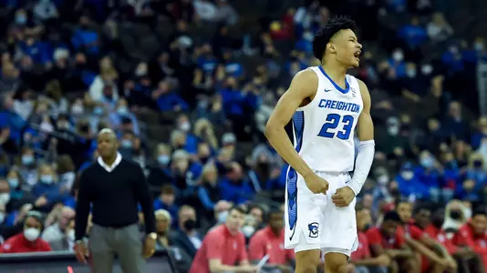 Jan 19, 2022; Omaha, Nebraska, USA;  Creighton Bluejays guard Trey Alexander (23) celebrates a three point basket against the St. John's Red Storm in the second half at CHI Health Center Omaha. Mandatory Credit: Steven Branscombe-USA TODAY Sports