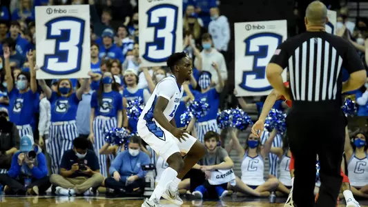 Jan 19, 2022; Omaha, Nebraska, USA;  Creighton Bluejays forward Arthur Kaluma (24) defends after hitting a three point basket against the St. John's Red Storm in the second half at CHI Health Center Omaha. Mandatory Credit: Steven Branscombe-USA TODAY Sports