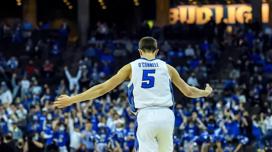 Jan 19, 2022; Omaha, Nebraska, USA;  Creighton Bluejays guard Alex O'Connell (5) signals the crowd after hitting a three point basket against the St. John's Red Storm in the second half at CHI Health Center Omaha. Mandatory Credit: Steven Branscombe-USA TODAY Sports