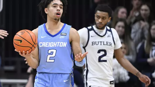 Jan 26, 2022; Indianapolis, Indiana, USA; Creighton Bluejays guard Ryan Nembhard (2) reacts to having a foul called on him in front of Butler Bulldogs guard Aaron Thompson (2) during the first half at Hinkle Fieldhouse. Mandatory Credit: Marc Lebryk-USA TODAY Sports