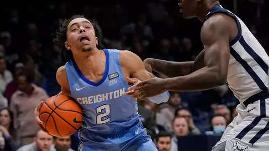 Creighton Bluejays guard Ryan Nembhard (2) pushes past Butler Bulldogs guard Bo Hodges (1) on Wednesday, Jan. 26, 2022, at Hinkle Fieldhouse in Indianapolis. Butler Bulldogs lead at the half against the Creighton Bluejays, 27-24.
Ncaa Butler Bulldogs Vs Creighton Bluejays