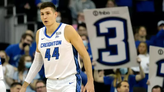 Feb 8, 2022; Omaha, Nebraska, USA;  Creighton Bluejays forward Ryan Hawkins (44) gets back on defense after hitting a three point basket against the Butler Bulldogs in the second half at CHI Health Center Omaha. Mandatory Credit: Steven Branscombe-USA TODAY Sports