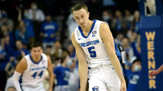 Feb 8, 2022; Omaha, Nebraska, USA;  Creighton Bluejays guard Alex O'Connell (5) signals after hitting a three point shot against the Butler Bulldogs in the first half at CHI Health Center Omaha. Mandatory Credit: Steven Branscombe-USA TODAY Sports
