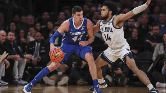 Mar 12, 2022; New York, NY, USA;  Creighton Bluejays forward Ryan Hawkins (44) tries to post up against Villanova Wildcats guard Caleb Daniels (14) in the first half at the Big East Tournament at Madison Square Garden. Mandatory Credit: Wendell Cruz-USA TODAY Sports