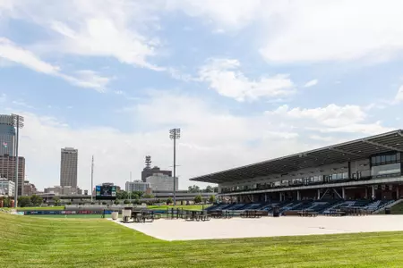 Morrison Stadium from concourse with cityscape 2022