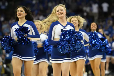 Feb 21, 2023; Omaha, Nebraska, USA; Members of the Creighton Bluejays dance team performs during a break during the game against the Marquette Golden Eagles in the second half at CHI Health Center Omaha. Mandatory Credit: Steven Branscombe-USA TODAY Sports