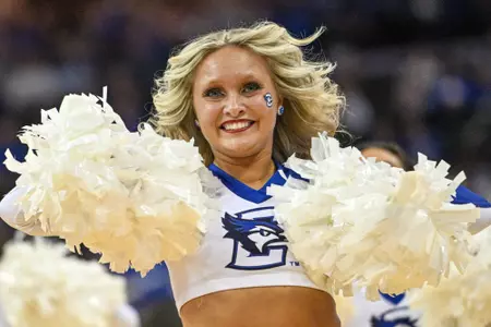 Feb 4, 2023; Omaha, Nebraska, USA; A Creighton Bluejays dance team member performs during a break in the game against the Villanova Wildcats in the second half at CHI Health Center Omaha. Mandatory Credit: Steven Branscombe-USA TODAY Sports