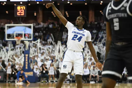 Mar 1, 2023; Omaha, Nebraska, USA; Creighton Bluejays forward Arthur Kaluma (24) shoots the ball against the Georgetown Hoyas in the second half at CHI Health Center Omaha. Mandatory Credit: Steven Branscombe-USA TODAY Sports