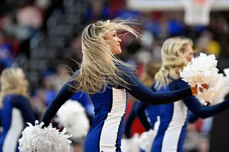 Mar 26, 2023; Louisville, KY, USA; Creighton Bluejays cheerleaders during the first half against the San Diego State Aztecs at the NCAA Tournament South Regional-Creighton vs San Diego State at KFC YUM! Center. Mandatory Credit: Jamie Rhodes-USA TODAY Sports