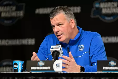 Mar 23, 2023; Louisville, KY, USA; Creighton Bluejays head coach Greg McDermott answers a question during a press conference for their NCAA Tournament South Region game at KFC YUM! Center. Mandatory Credit: Jamie Rhodes-USA TODAY Sports