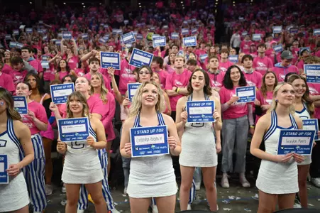 Jan 27, 2024; Omaha, Nebraska, USA; Fans hold up signs in support of cancer victims during a break in the game between the Creighton Bluejays and the DePaul Blue Demons in the first half at CHI Health Center Omaha. Mandatory Credit: Steven Branscombe-USA TODAY Sports