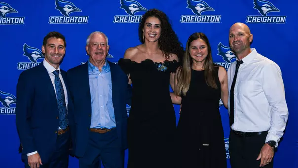 2025 Creighton Athletics Hall of Fame inductees - Ethan Finlay, Bruce Rasmussen, Jaali Winters, Marcy (Gans) Parker, Ryan Gripp