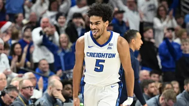 Dec 20, 2025; Omaha, Nebraska, USA; Creighton Bluejays guard Nik Graves (5) reacts after scoring a three point basket against the Creighton Bluejays during the first half at CHI Health Center Omaha. Mandatory Credit: Steven Branscombe-Imagn Images