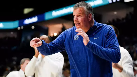Creighton Bluejays head coach Greg McDermott coaches players in the first half of a NCAA men’s basketball game between the Xavier Musketeers and Creighton Bluejays, Saturday, March 1, 2025, at Cintas Center in Cincinnati.