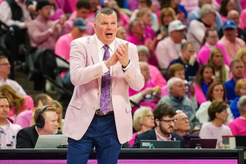 Jan 31, 2026; Omaha, Nebraska, USA; Creighton Bluejays head coach Greg McDermott claps during the first half against the Connecticut Huskies at CHI Health Center Omaha. Mandatory Credit: Dylan Widger-Imagn Images