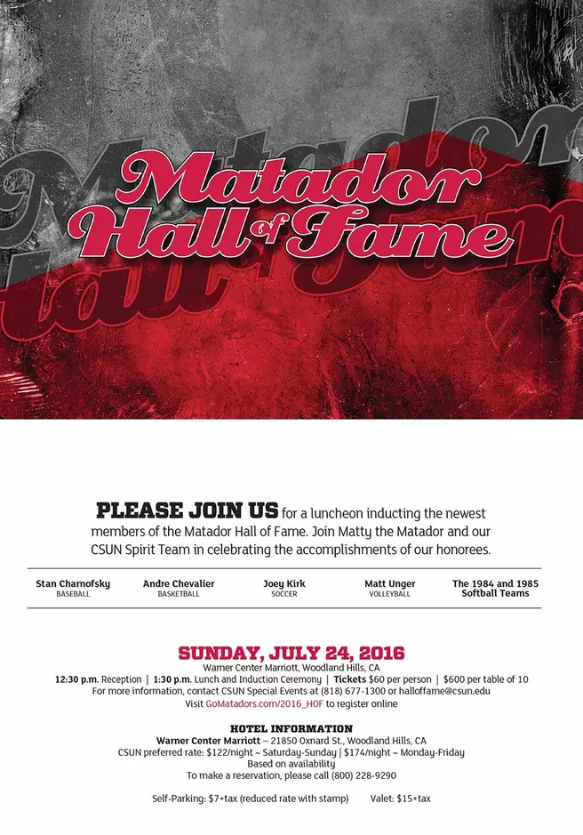 2016 Matador Hall of Fame Induction Ceremony Information