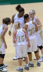 Rams huddle on the court during their first matchup with Wyoming in Moby Arena