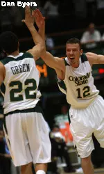Dorian Green and Adam Nigon celebrate during the Rams' victory over CU on Dec. 10