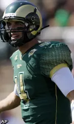 Colorado State quarterback Pete Thomas looks for a play during the second quarter of an NCAA college football game against TCU on Saturday, Oct. 2, 2010, in Fort Collins, Colo. (AP Photo/Jack Dempsey)