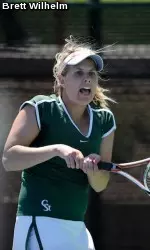 Melissa Holzinger, pictured at the MWC championship Wednesday, earned her 16th singles win of the season against New Mexico