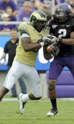 Colorado St. wide receiver Byron Steele (8) goes after a pass with TCU cornerback Jason Verrett (2).