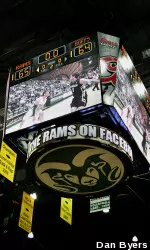 Scoreboard showing the final score: A 65-64 Rams win over rival Colorado