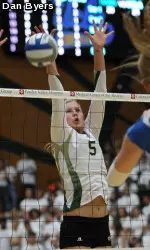 Megan Plourde now has 578 career blocks at CSU, putting her second on the school's all-time blocking list.