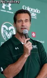 Head Coach Tom Hilbert answers questions from the media at Thursday's media/booster kickoff BBQ.