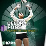 After helping No. 7 Colorado State to a pair of conference victories, setter Deedra Foss earned her third career Mountain West Women's Volleyball Player of the Week award.