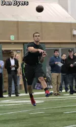 Garrett Grayson throws on the run during his Pro Day on Monday