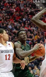 Feb 2, 2016; San Diego, CA, USA; Colorado State Rams guard Joe De Ciman (10) is defended by San Diego State Aztecs guard Trey Kell (12). Credit: Jake Roth-USA TODAY Sports