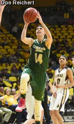 CSU senior guard Jamie Patrick drives to the basket at Wyoming.