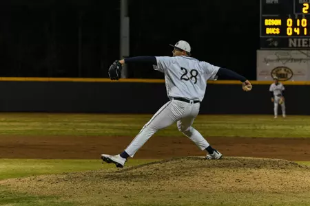 Charleston, S.C. — Charleston Southern right-handed pitcher Drew Dawson (28) delivers the pitch in Division 1 men’s baseball action between Charleston Southern University and Bucknell University on February 14, 2026, at Charleston Singleton Baseball Complex.
(Mandatory Credit: Arthur Ellis Photography)