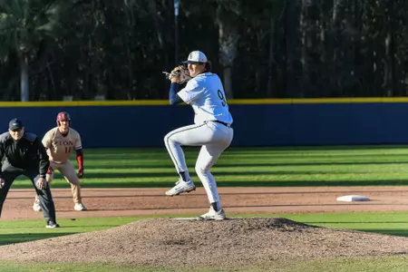 Charleston, S.C. — Charleston Southern right-handed pitcher Christian Krause (9) delivers the pitch in Division 1 men’s baseball action between Charleston Southern University and Elon University on February 22, 2026, at Charleston Singleton Baseball Complex.
(Mandatory Credit: Arthur Ellis Photography)