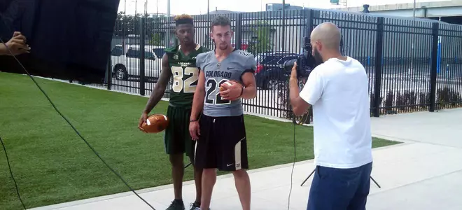 CU Buffs wide receiver Nelson Spruce (22) and CSU receiver Rashard Higgins.