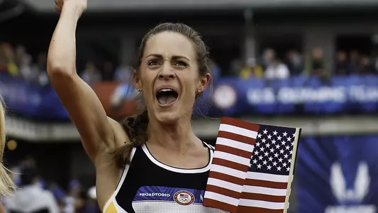 Jenny Simpson celebrates winning the 1500 at the U.S. Olympic Trials