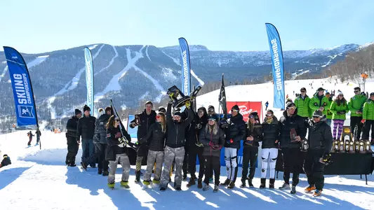STOWE, VT  - MARCH 09: Team overall awards following the Division I Men's and Women's Skiing Championship held at the Trapp Family Lodge on March 9, 2019 in Stowe, Vermont. (Photo by Brett Wilhelm/NCAA Photos via Getty Images)