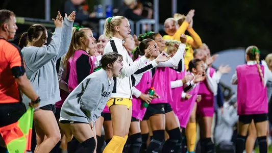 Colorado bench celebrates a goal against Stanford