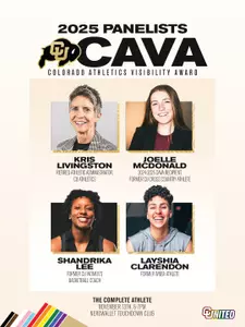 Panelists from the 2025-2026 Colorado Athletics Visibility Award panelists are pictured. The panelists include (from top left, to top right, to bottom left, to bottom right) Panelists include former CU athletics administrator Kris Livingston, former CU student-athlete Joelle McDonald, former CU women’s basketball coach Shandrika Lee, and former WNBA player Layshia Clarendon.