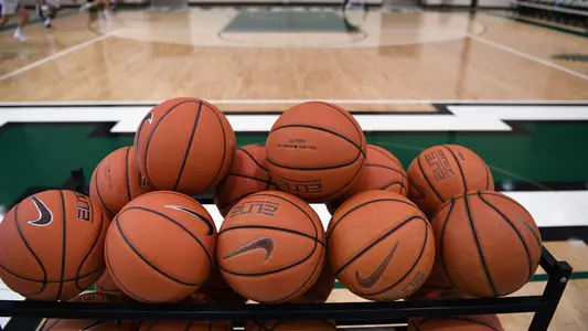 Rack of basketball on the Leede Arena court