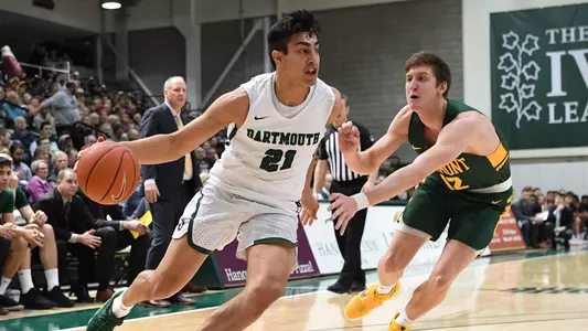 Aaryn Rai drives against a Vermont defender, Jan. 2, 2020