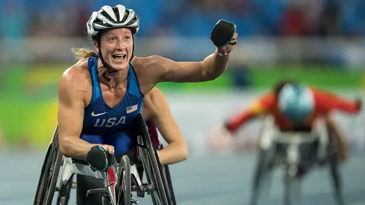 Tatyana McFadden celebrating her win in Rio