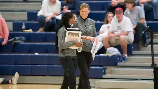 Dartmouth Head Coach Adrienne Shibles and Dartmouth Assistant Coach Sarah Assante during the game between Dartmouth and UNH at Lundholm Gymnasium, Durham, New Hampshire, USA on November 13, 2021. Photo Credit: Chris Poss