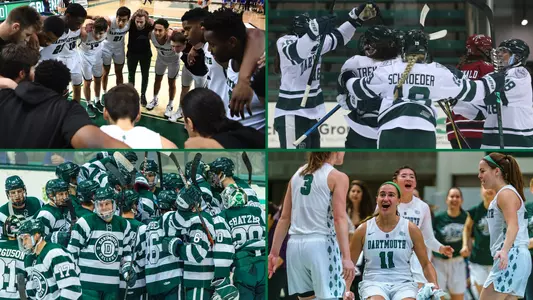 Celebrations and huddles of basketball and hockey teams